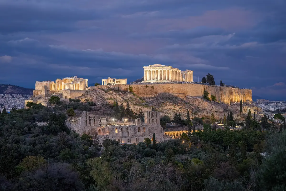 The illuminated Acropolis of Athens at dusk
