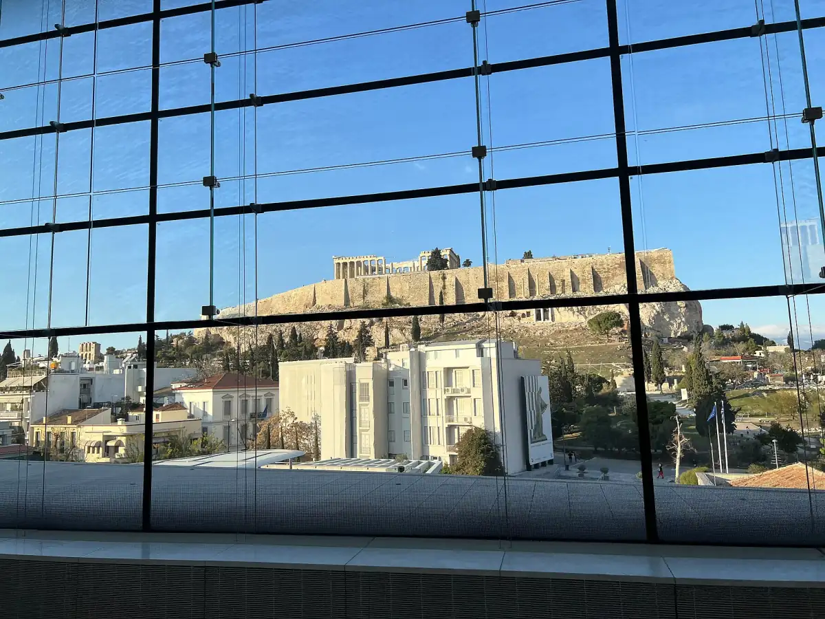 View of the Acropolis through the glass facade of the Acropolis Museum