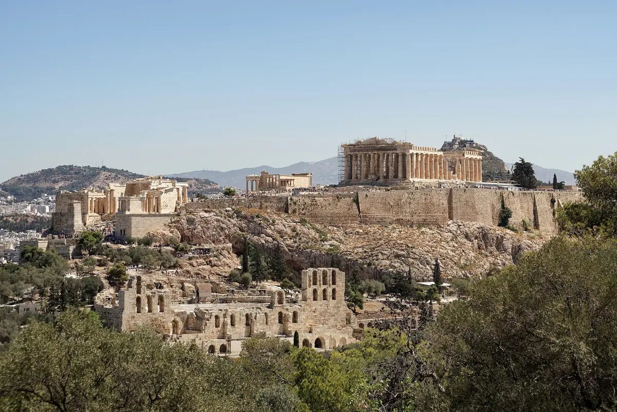 View of the Acropolis and the Odeon of Herodes Atticus from Philopappos Hill