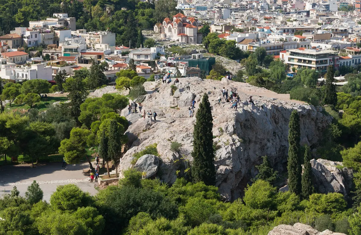 The rocky Areopagus hill seen from the Acropolis