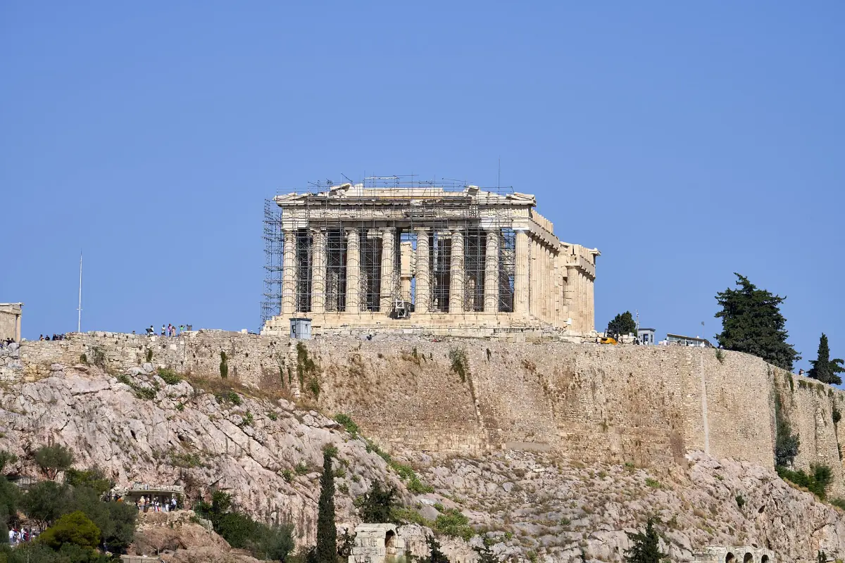 The west facade of the Parthenon with restoration scaffolding